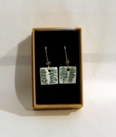 Porcelain Drop Earrings - Green Fern, Square