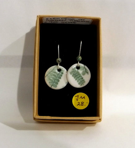 Porcelain Drop Earrings - Green Fern, Round