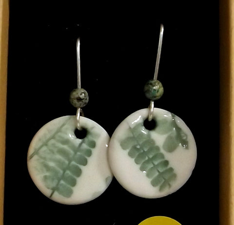 Porcelain Drop Earrings - Green Fern, Round