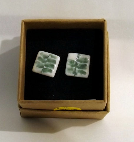 Porcelain Stud Earrings - Green Fern, Square